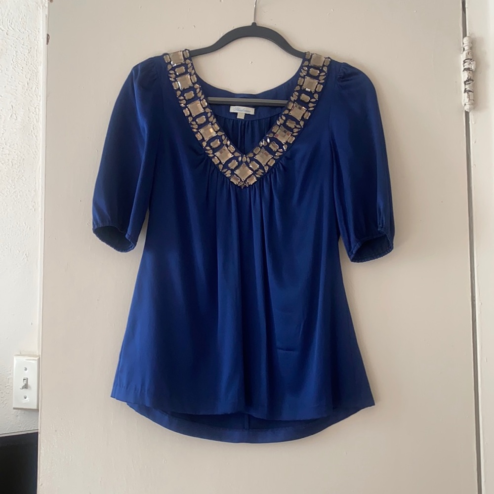 Blue Shoshanna Blouse with Gem Stone Accents